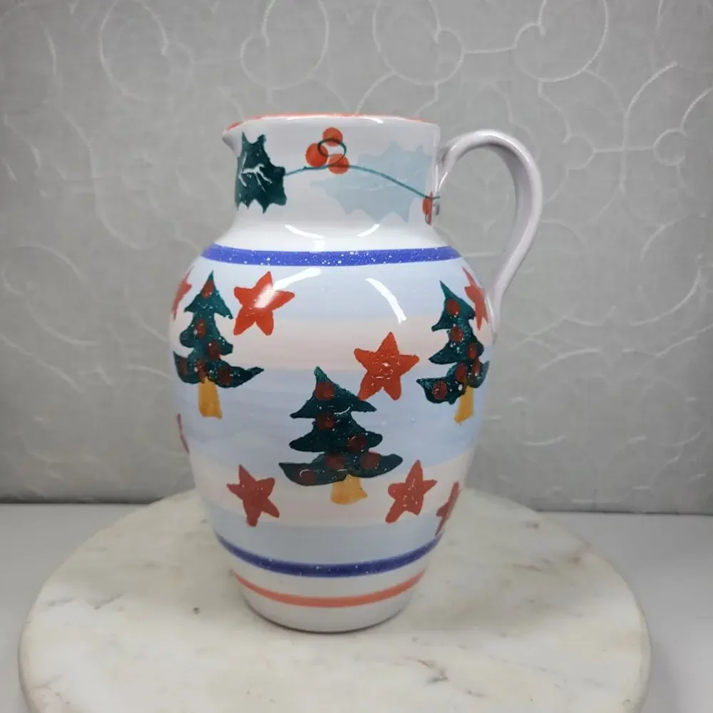 Pier 1 Italian Ceramic Pitcher Hand Painted Christmas Trees Floral Stars